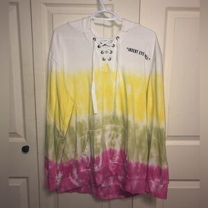 Tye dye sweater with words “insert eye roll” on left side.